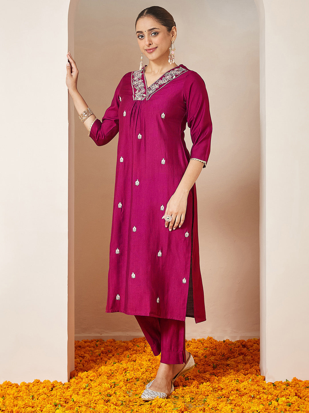 Ninnique Women's Pink Silk Blend Embroidered A-line Kurta Set