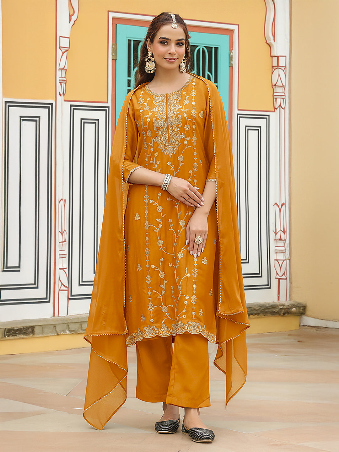 Ninnique Women's Mustard Silk Blend Zari Embroidered Straight Kurta Set