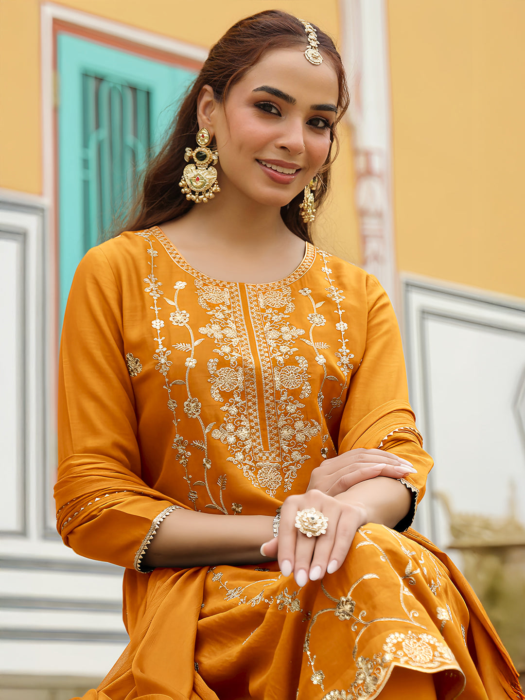 Ninnique Women's Mustard Silk Blend Zari Embroidered Straight Kurta Set