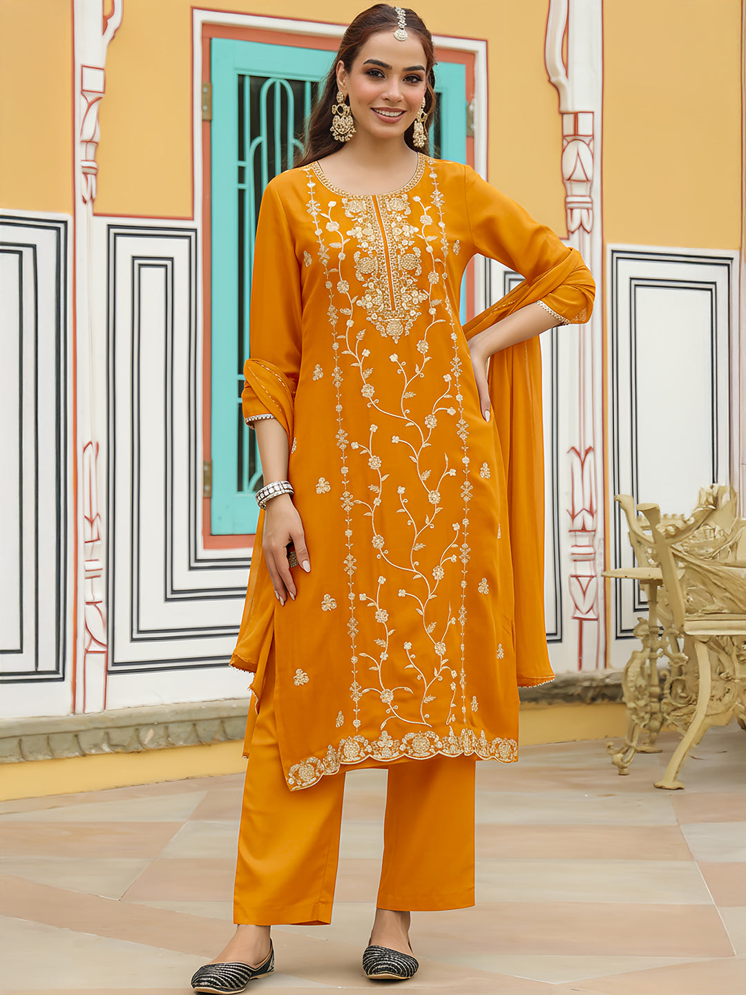 Ninnique Women's Mustard Silk Blend Zari Embroidered Straight Kurta Set
