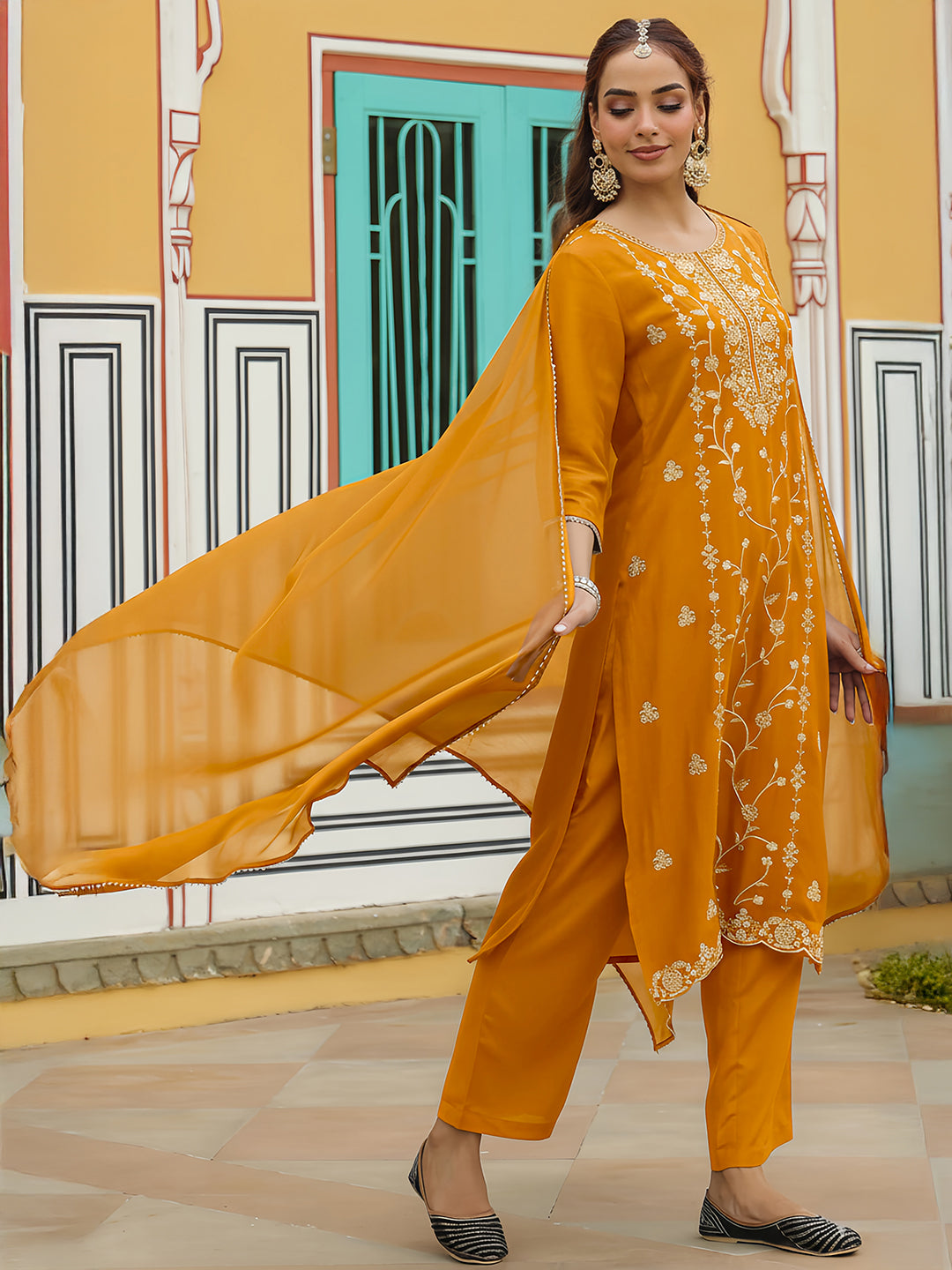 Ninnique Women's Mustard Silk Blend Zari Embroidered Straight Kurta Set
