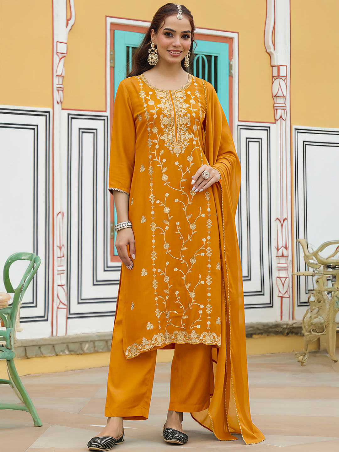 Ninnique Women's Mustard Silk Blend Zari Embroidered Straight Kurta Set