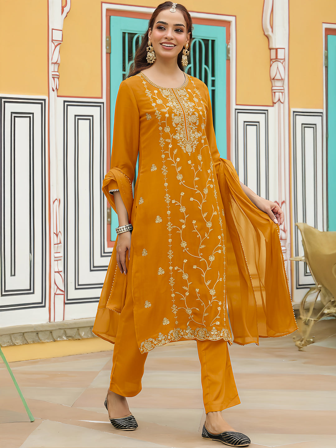 Ninnique Women's Mustard Silk Blend Zari Embroidered Straight Kurta Set