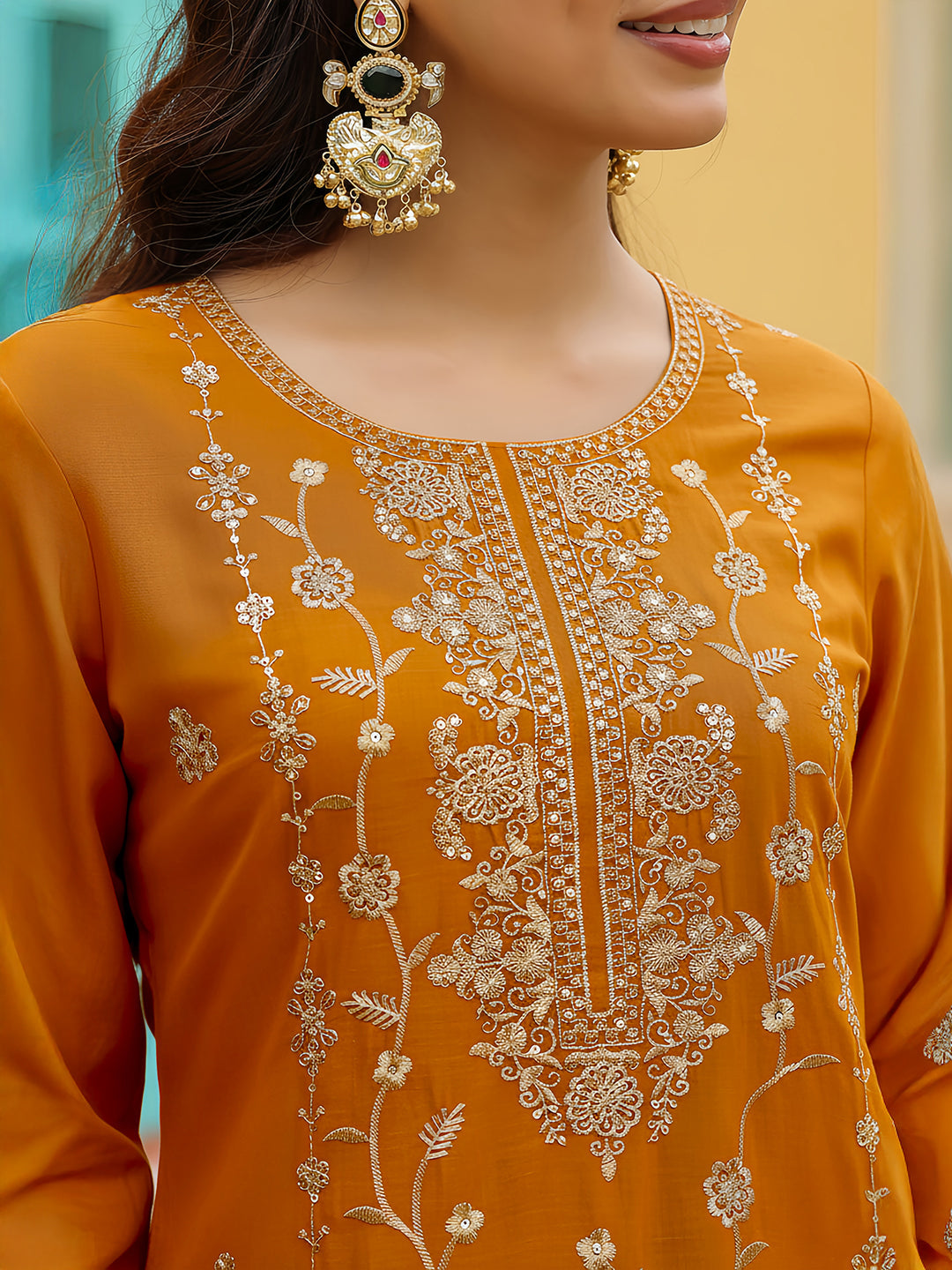 Ninnique Women's Mustard Silk Blend Zari Embroidered Straight Kurta Set