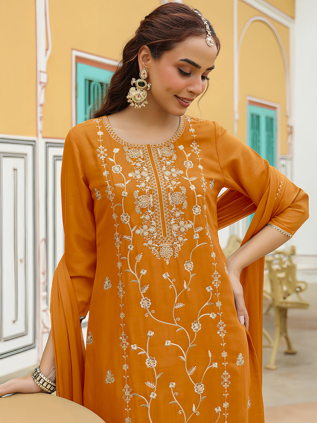 Ninnique Women's Mustard Silk Blend Zari Embroidered Straight Kurta Set