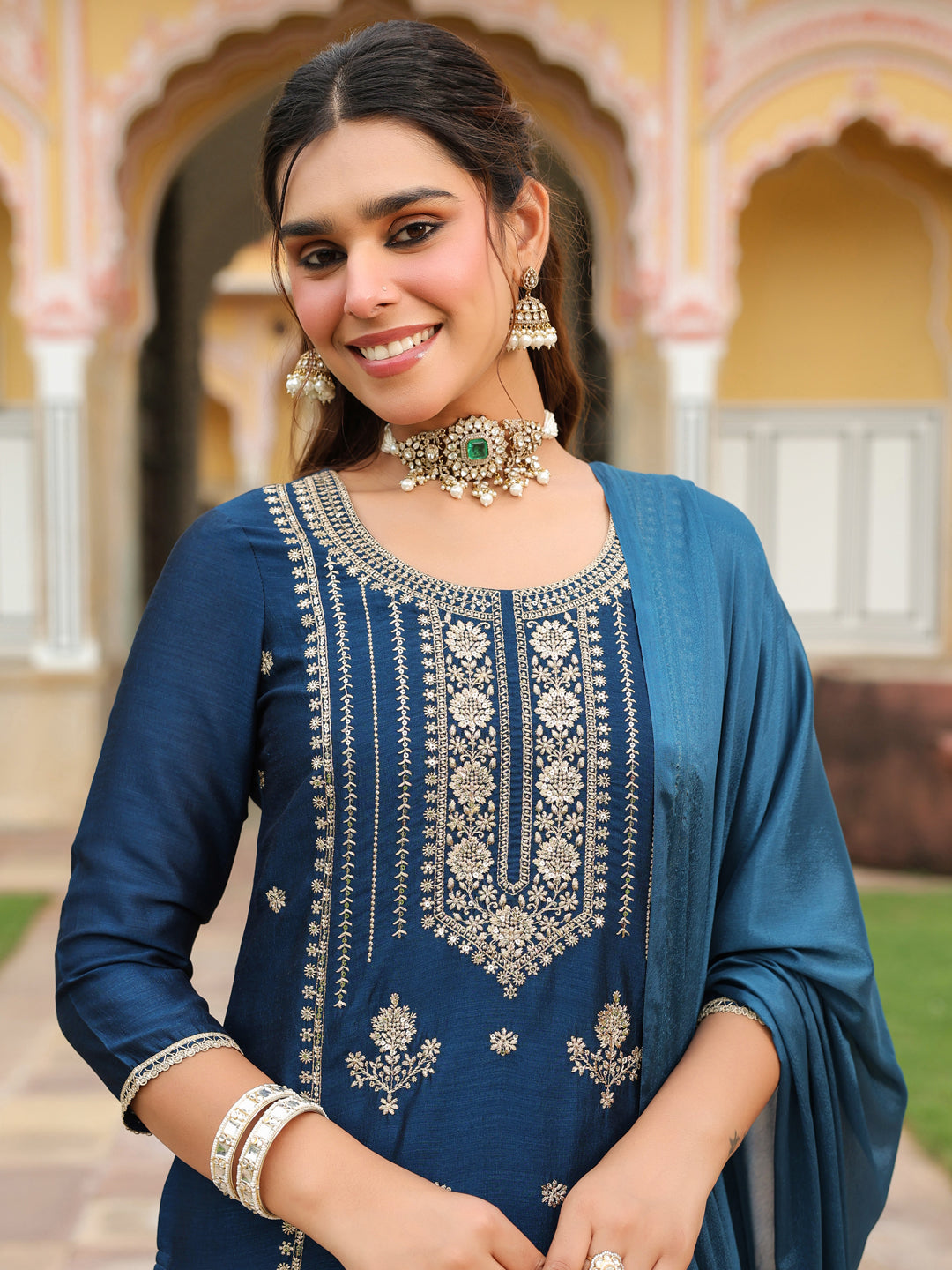 Ninnique Women's Teal Blue Silk Blend Zari Embroidered Straight Kurta Set