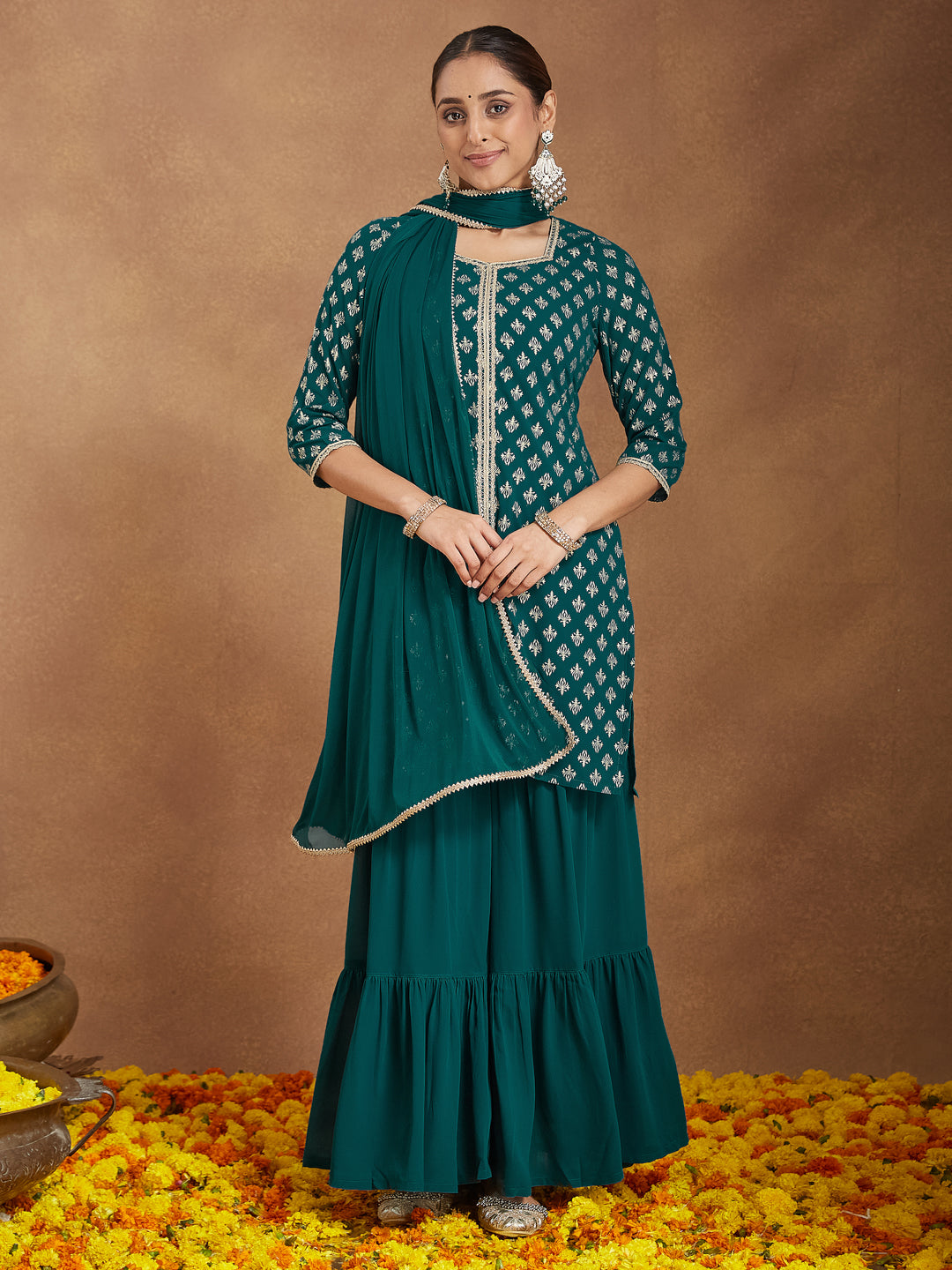 Ninnique Women's Teal Green Georgette Embellished Foil Printed Straight Kurta With Sharara & Dupatta