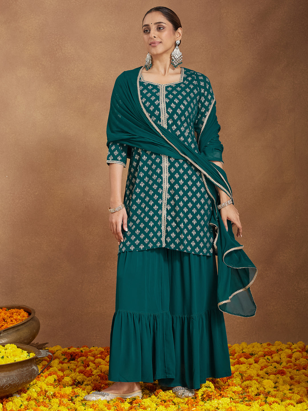 Ninnique Women's Teal Green Georgette Embellished Foil Printed Straight Kurta With Sharara & Dupatta