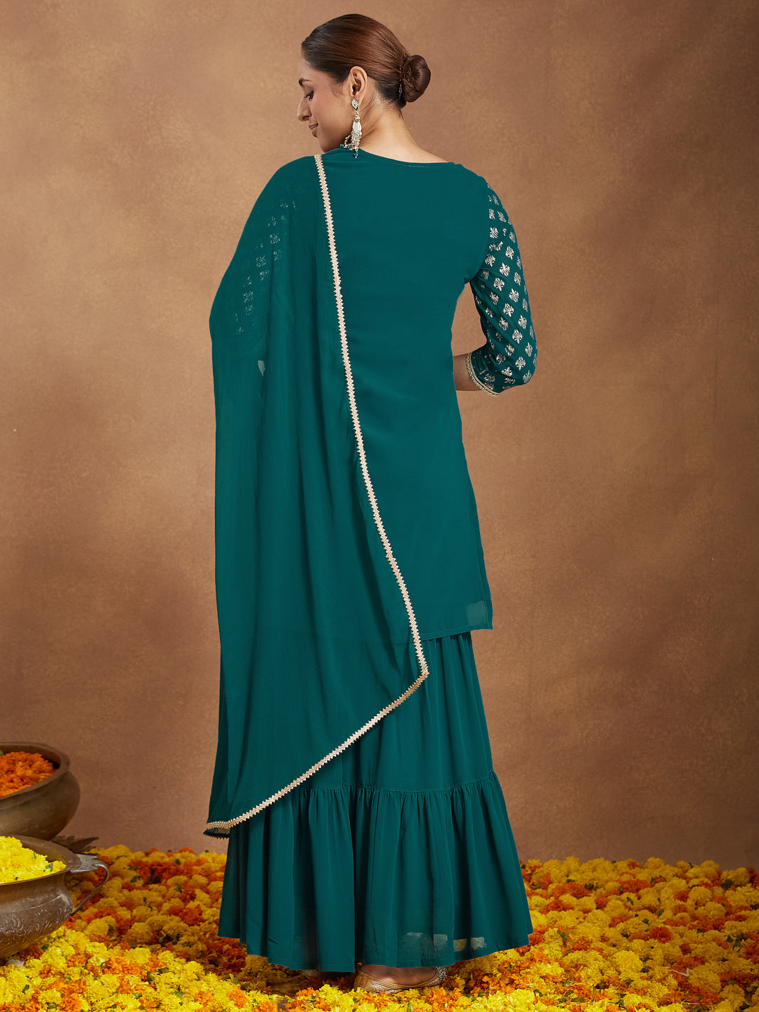 Ninnique Women's Teal Green Georgette Embellished Foil Printed Straight Kurta With Sharara & Dupatta