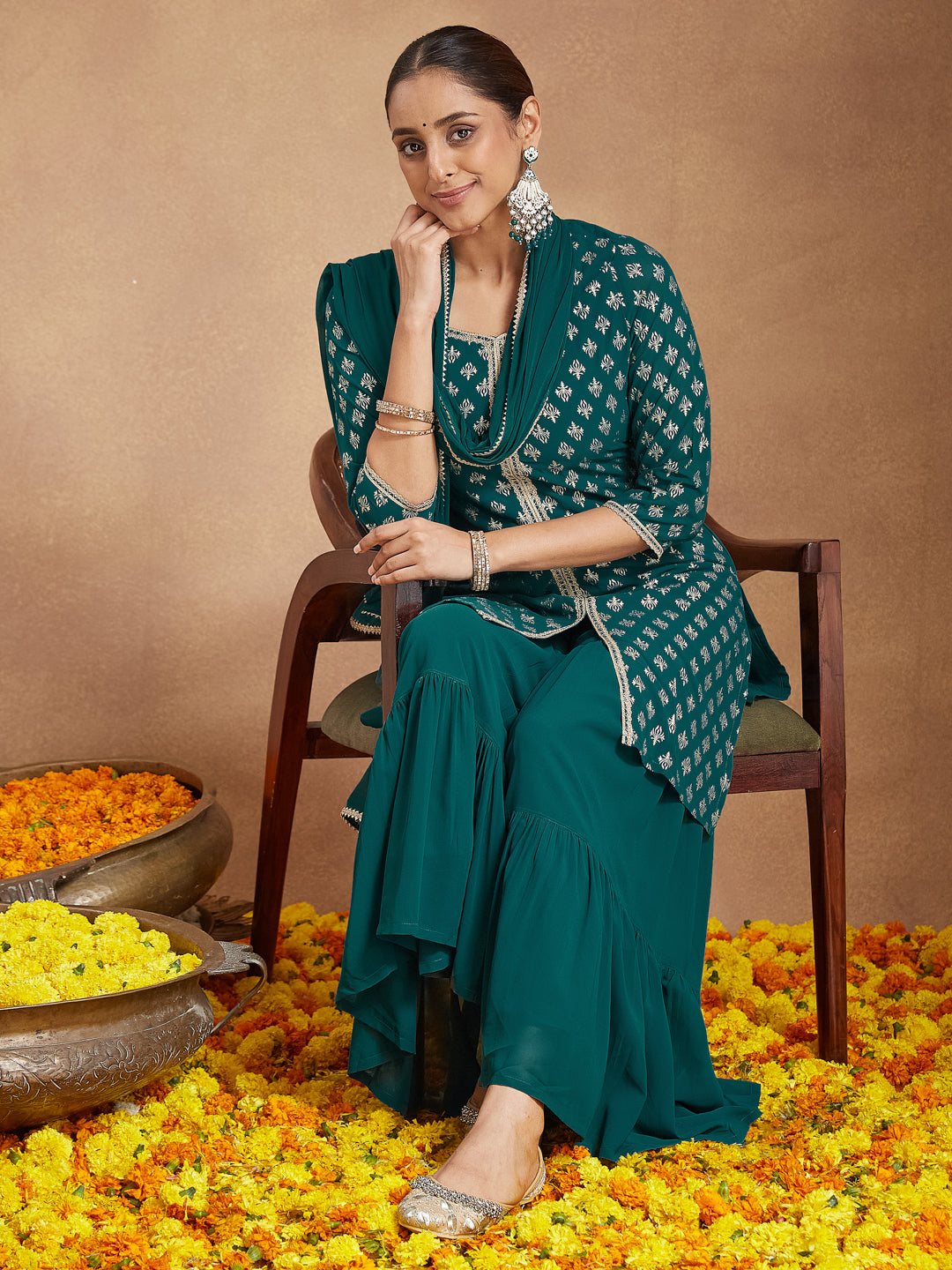 Ninnique Women's Teal Green Georgette Embellished Foil Printed Straight Kurta With Sharara & Dupatta