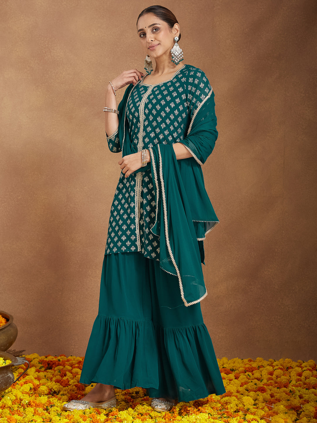 Ninnique Women's Teal Green Georgette Embellished Foil Printed Straight Kurta With Sharara & Dupatta