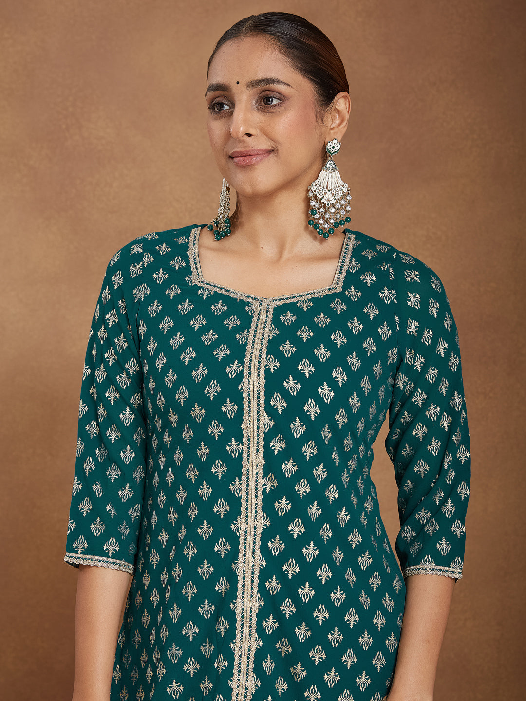Ninnique Women's Teal Green Georgette Embellished Foil Printed Straight Kurta With Sharara & Dupatta