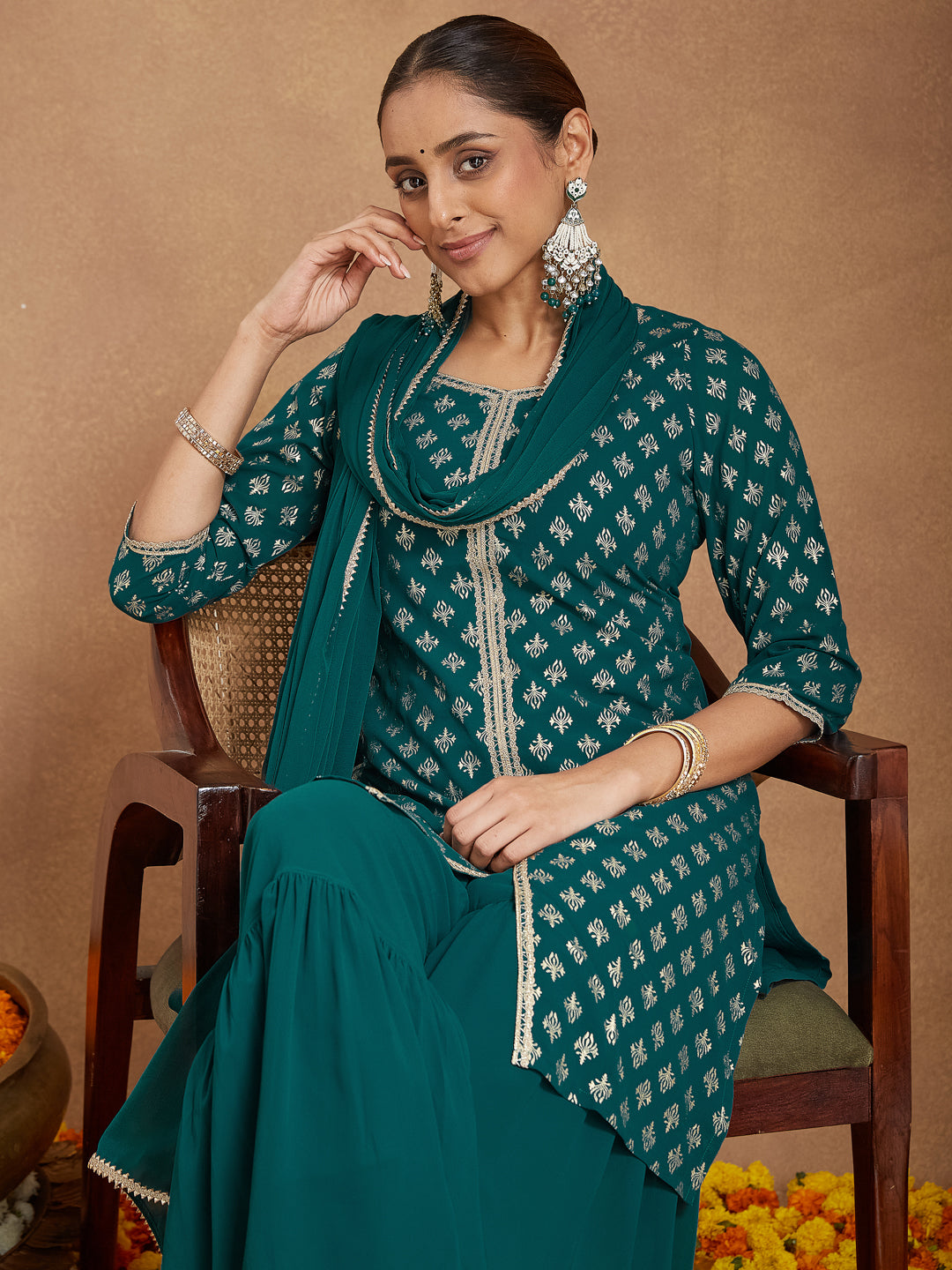 Ninnique Women's Teal Green Georgette Embellished Foil Printed Straight Kurta With Sharara & Dupatta