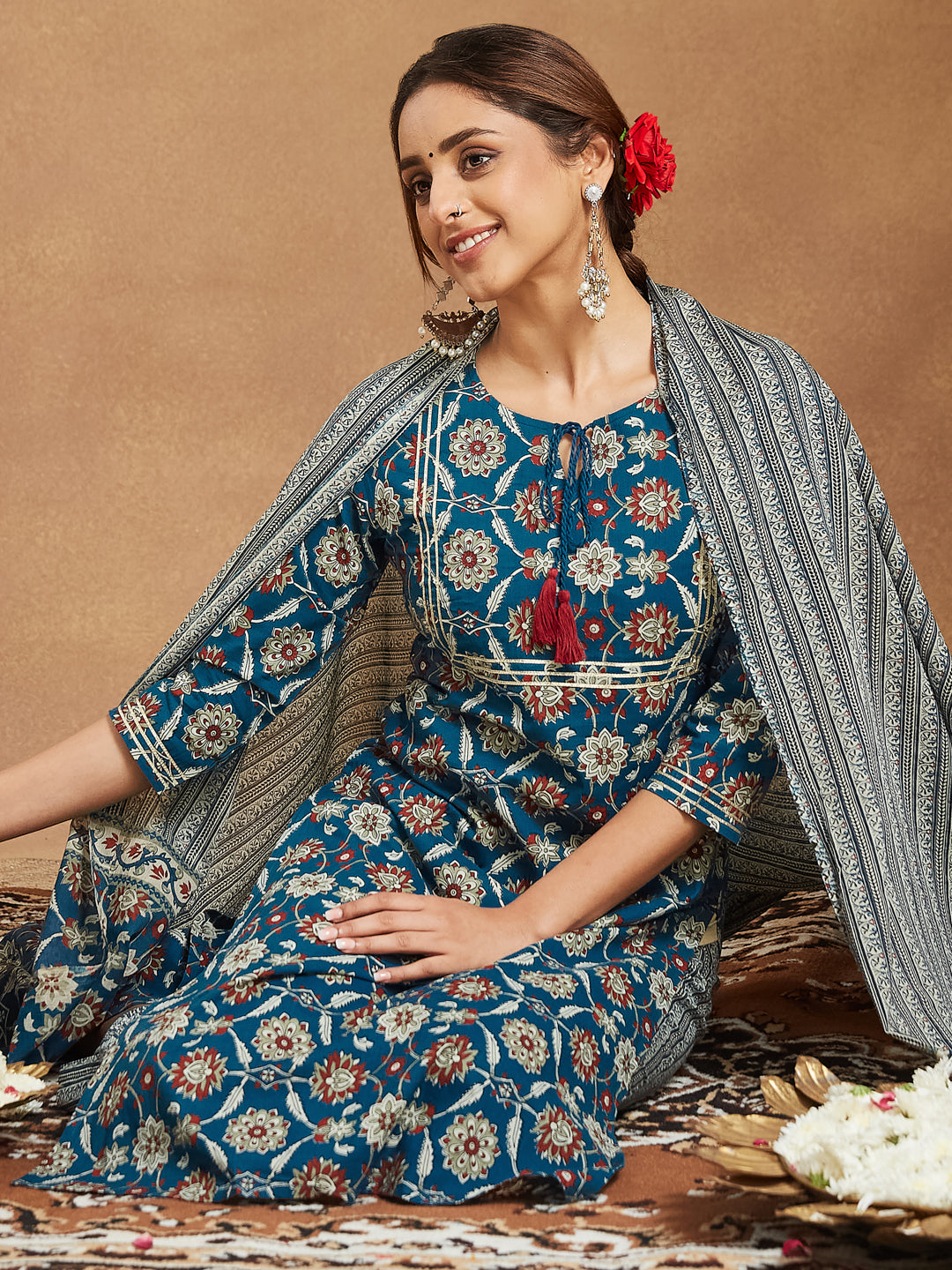 Ninnique Women's Teal Blue Pure Cotton Floral Printed Straight Kurta Set
