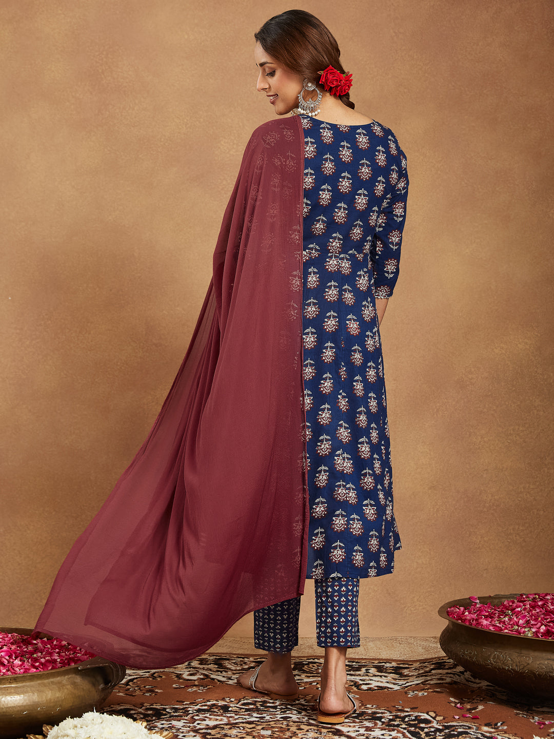 Ninnique Women's Navy Blue Pure Cotton Yoke Embroidered Floral Printed Anarkali Kurta Set