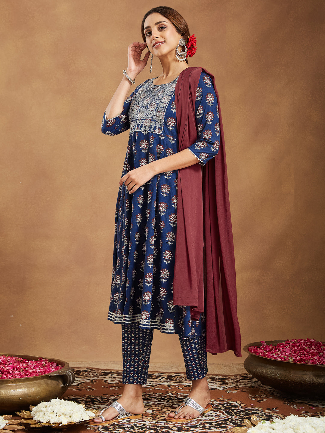 Ninnique Women's Navy Blue Pure Cotton Yoke Embroidered Floral Printed Anarkali Kurta Set