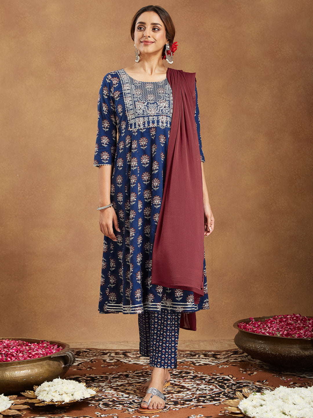 Ninnique Women's Navy Blue Pure Cotton Yoke Embroidered Floral Printed Anarkali Kurta Set