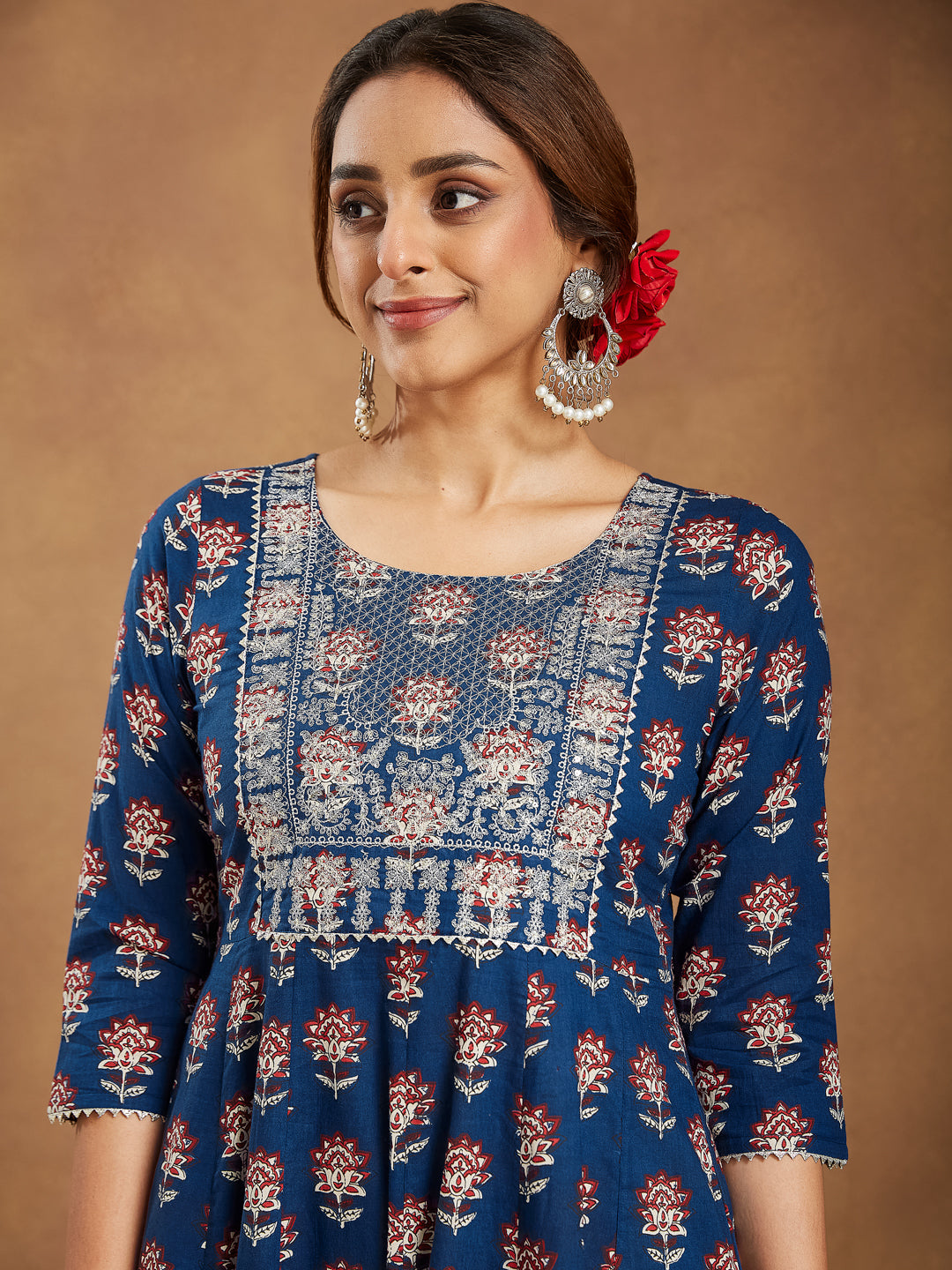 Ninnique Women's Navy Blue Pure Cotton Yoke Embroidered Floral Printed Anarkali Kurta Set