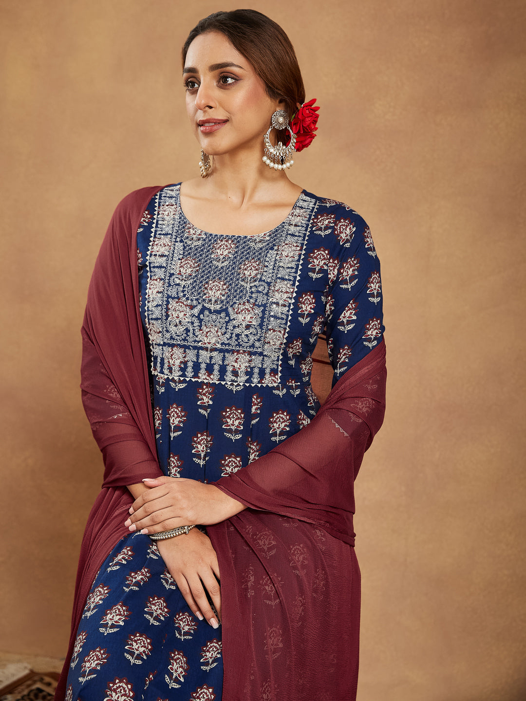 Ninnique Women's Navy Blue Pure Cotton Yoke Embroidered Floral Printed Anarkali Kurta Set