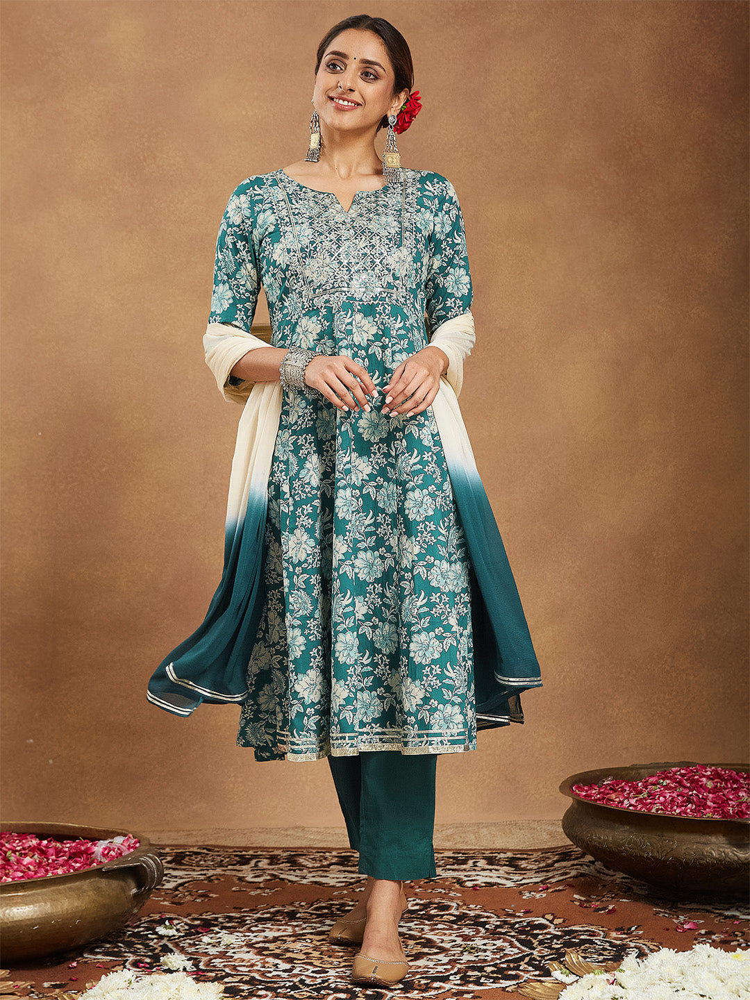 Ninnique Women's Teal Green Pure Cotton Yoke Embroidered Floral Printed Anarkali Kurta Set