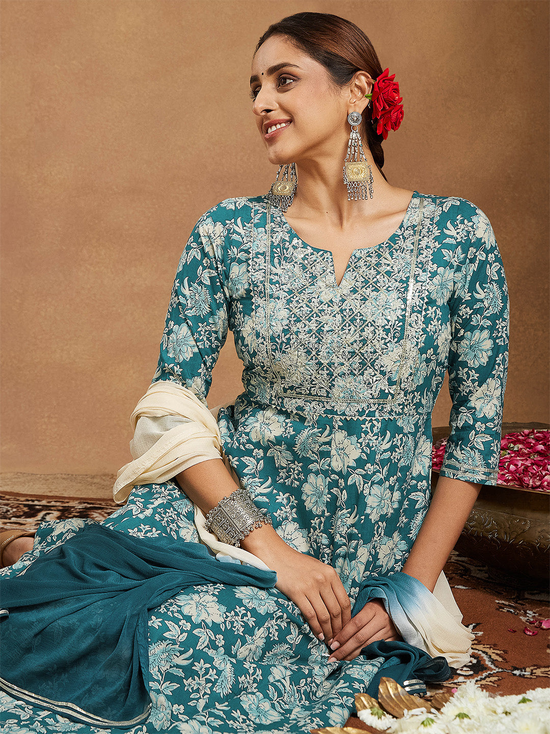 Ninnique Women's Teal Green Pure Cotton Yoke Embroidered Floral Printed Anarkali Kurta Set