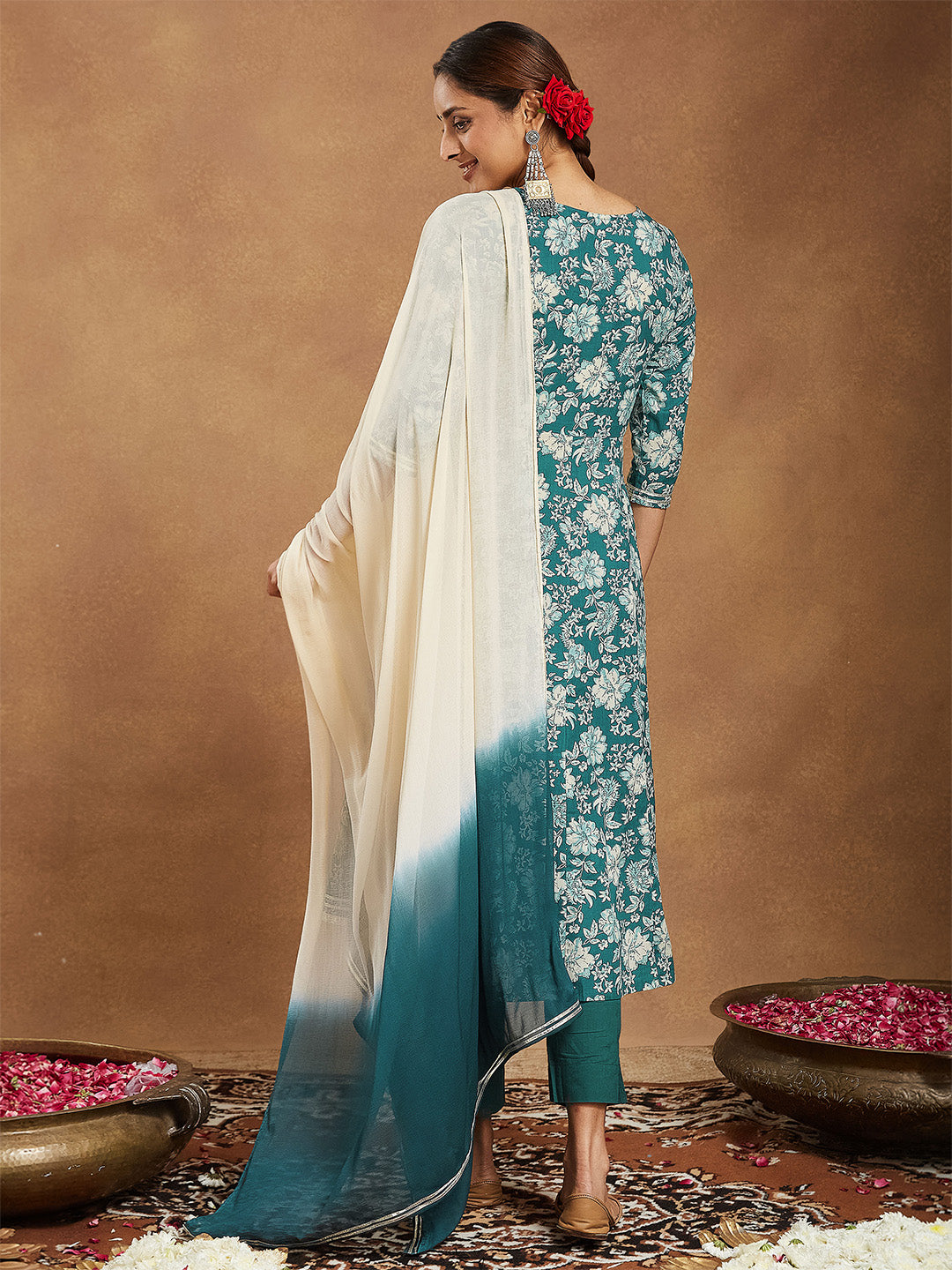 Ninnique Women's Teal Green Pure Cotton Yoke Embroidered Floral Printed Anarkali Kurta Set