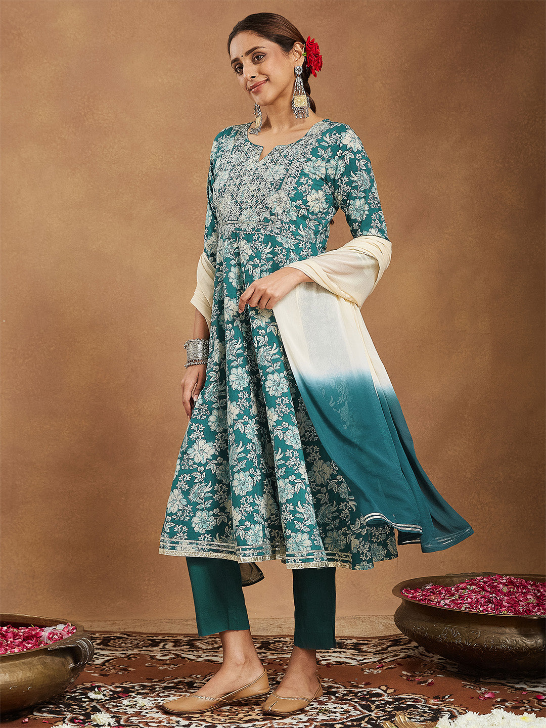 Ninnique Women's Teal Green Pure Cotton Yoke Embroidered Floral Printed Anarkali Kurta Set