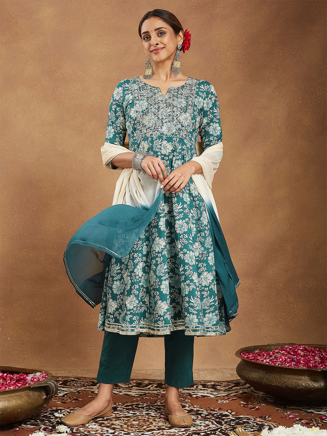Ninnique Women's Teal Green Pure Cotton Yoke Embroidered Floral Printed Anarkali Kurta Set