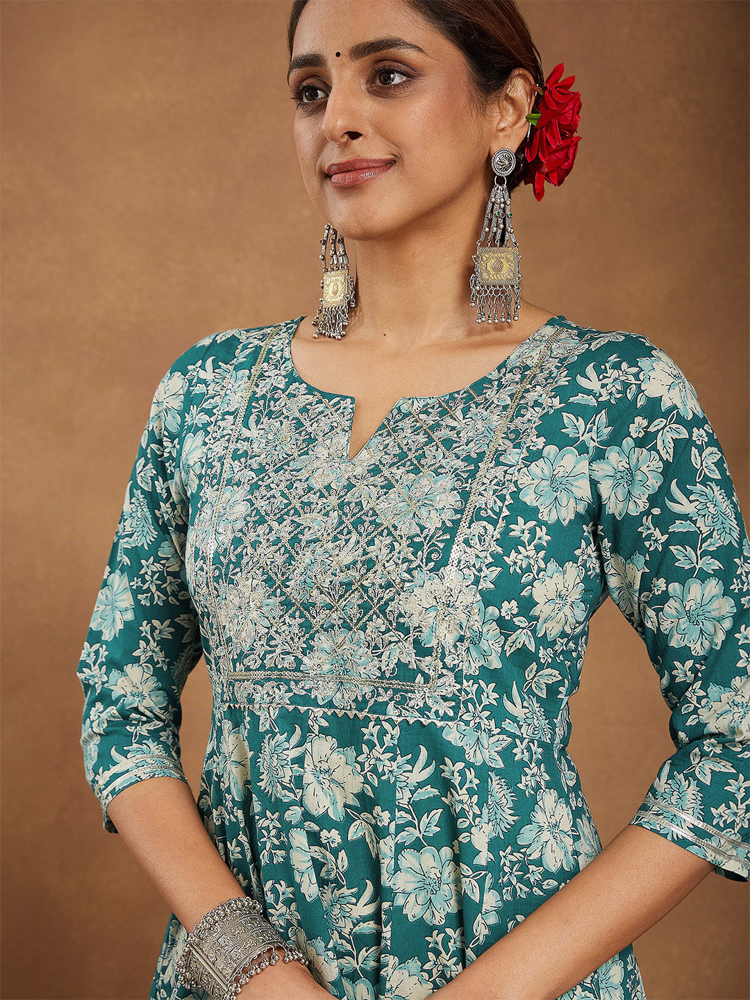 Ninnique Women's Teal Green Pure Cotton Yoke Embroidered Floral Printed Anarkali Kurta Set