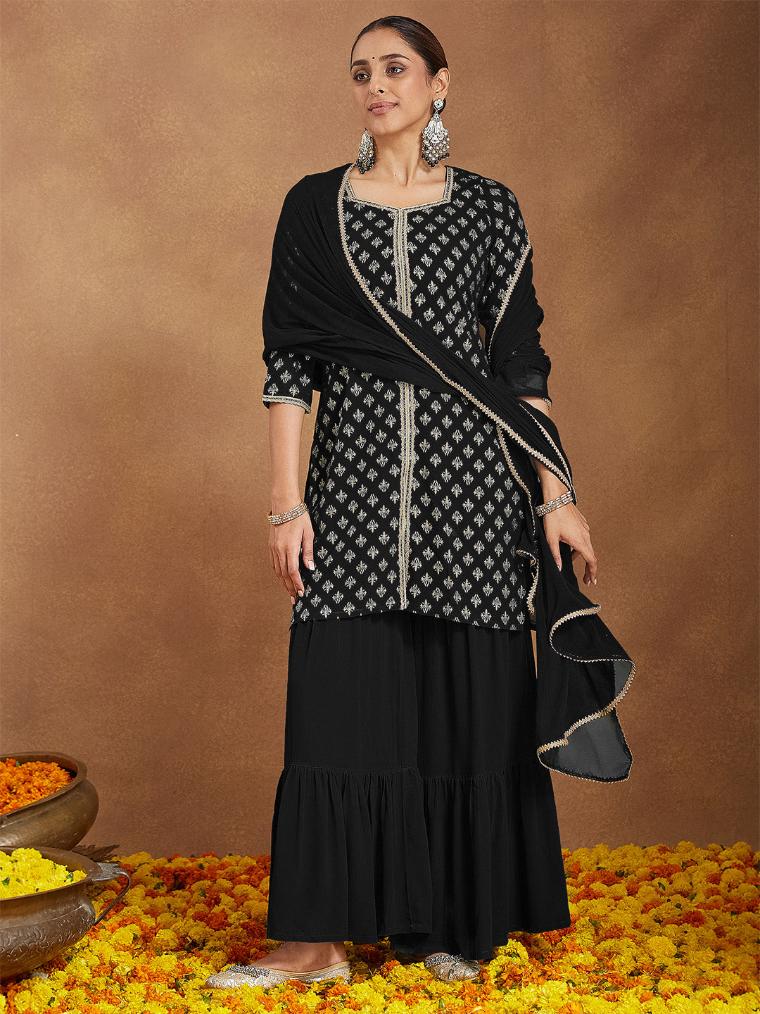 Ninnique Women's Black Georgette Embellished Foil Printed Straight Kurta With Sharara & Dupatta Set