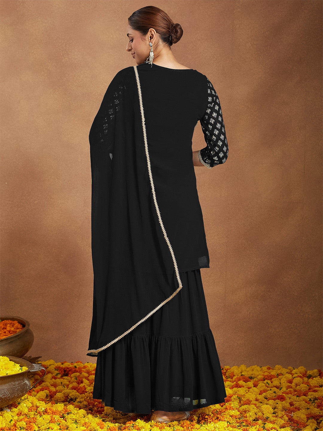 Ninnique Women's Black Georgette Embellished Foil Printed Straight Kurta With Sharara & Dupatta Set