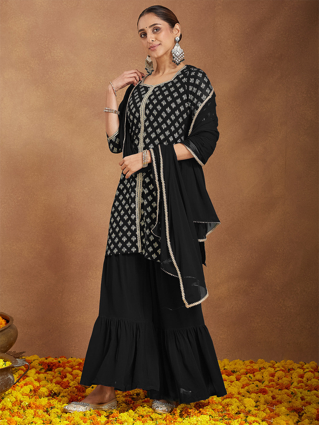 Ninnique Women's Black Georgette Embellished Foil Printed Straight Kurta With Sharara & Dupatta Set
