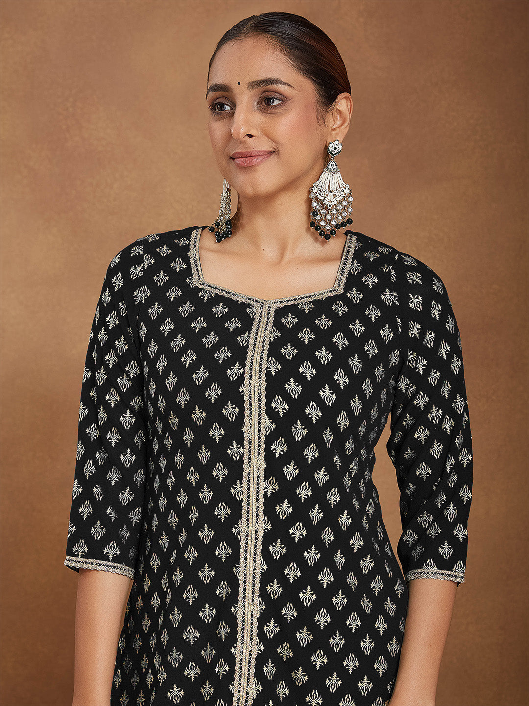 Ninnique Women's Black Georgette Embellished Foil Printed Straight Kurta With Sharara & Dupatta Set