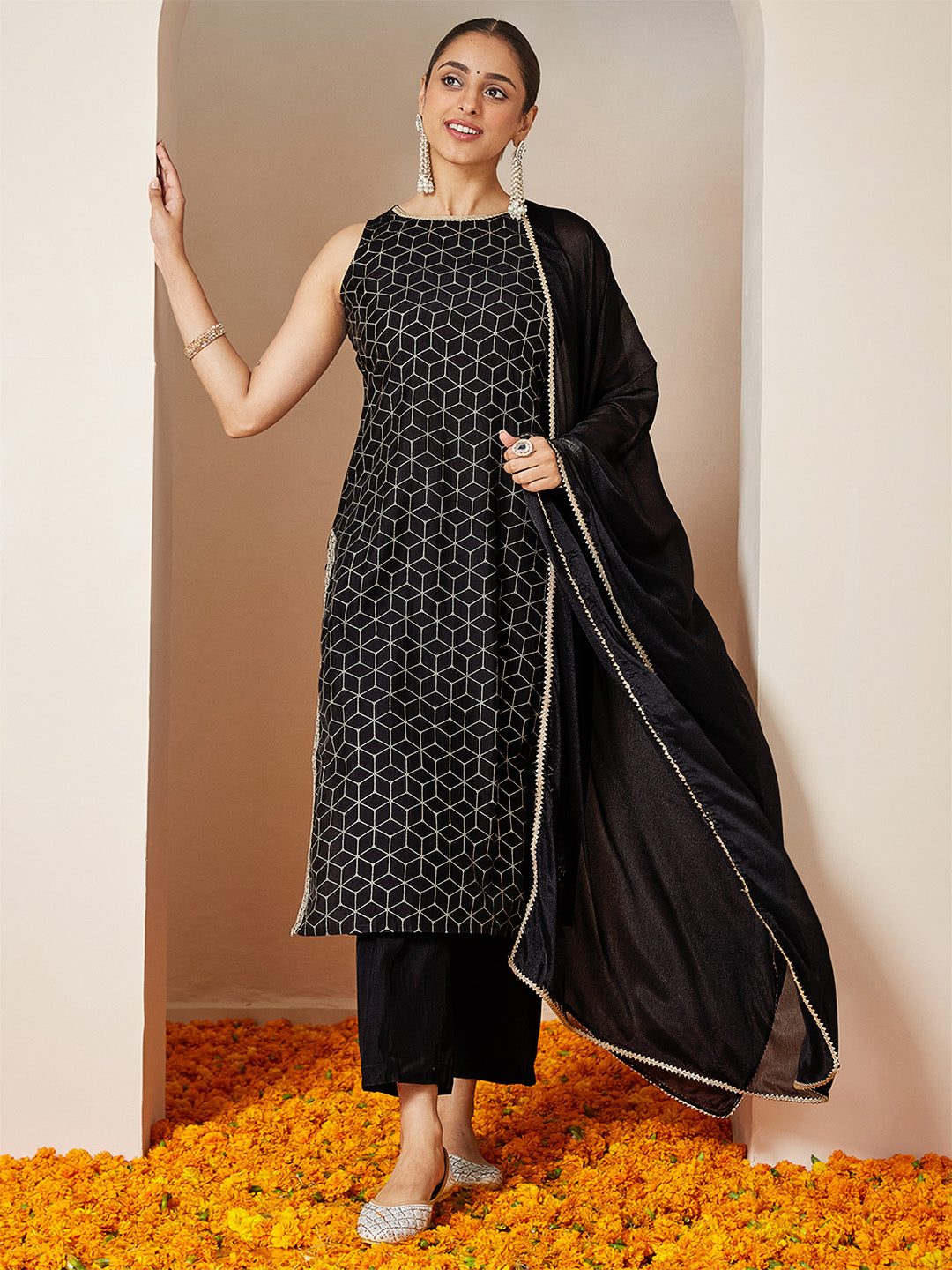 Ninnique Women's Black Chanderi Silk Embellished Gold Printed Straight Kurta Set