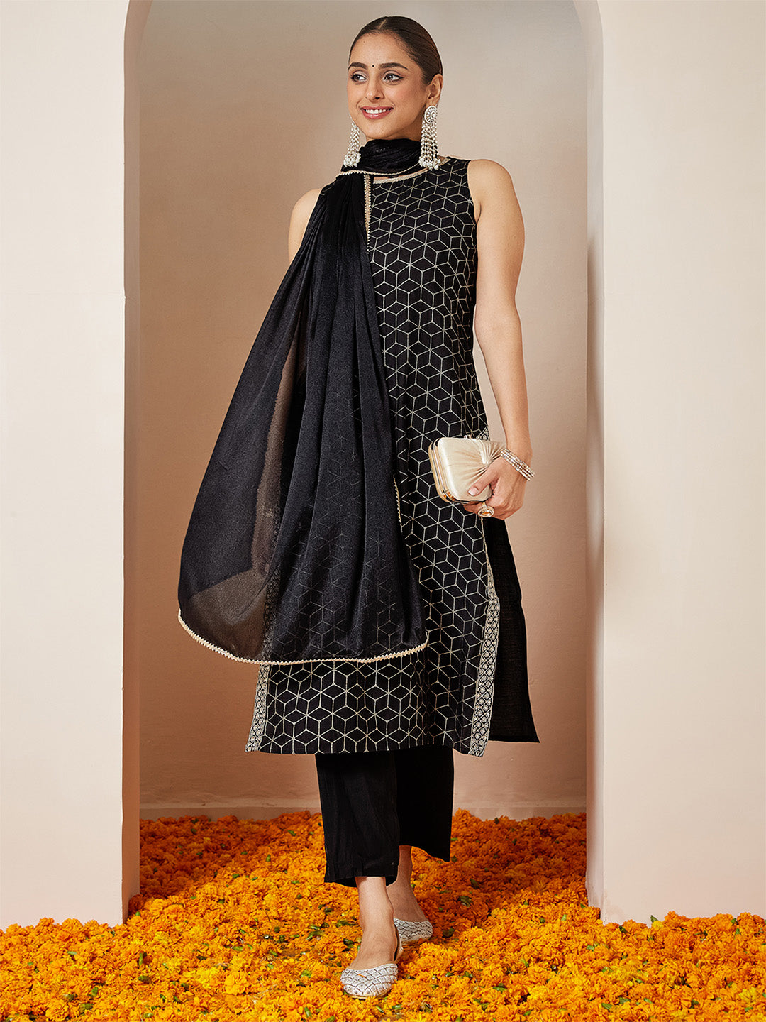 Ninnique Women's Black Chanderi Silk Embellished Gold Printed Straight Kurta Set