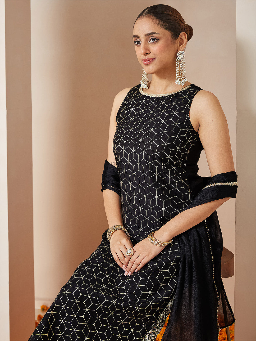 Ninnique Women's Black Chanderi Silk Embellished Gold Printed Straight Kurta Set