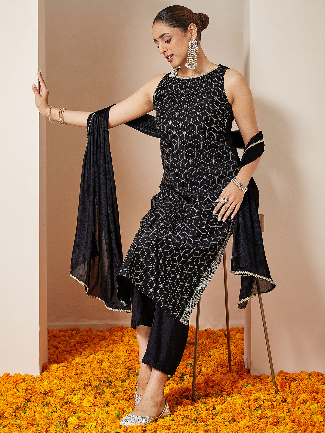 Ninnique Women's Black Chanderi Silk Embellished Gold Printed Straight Kurta Set