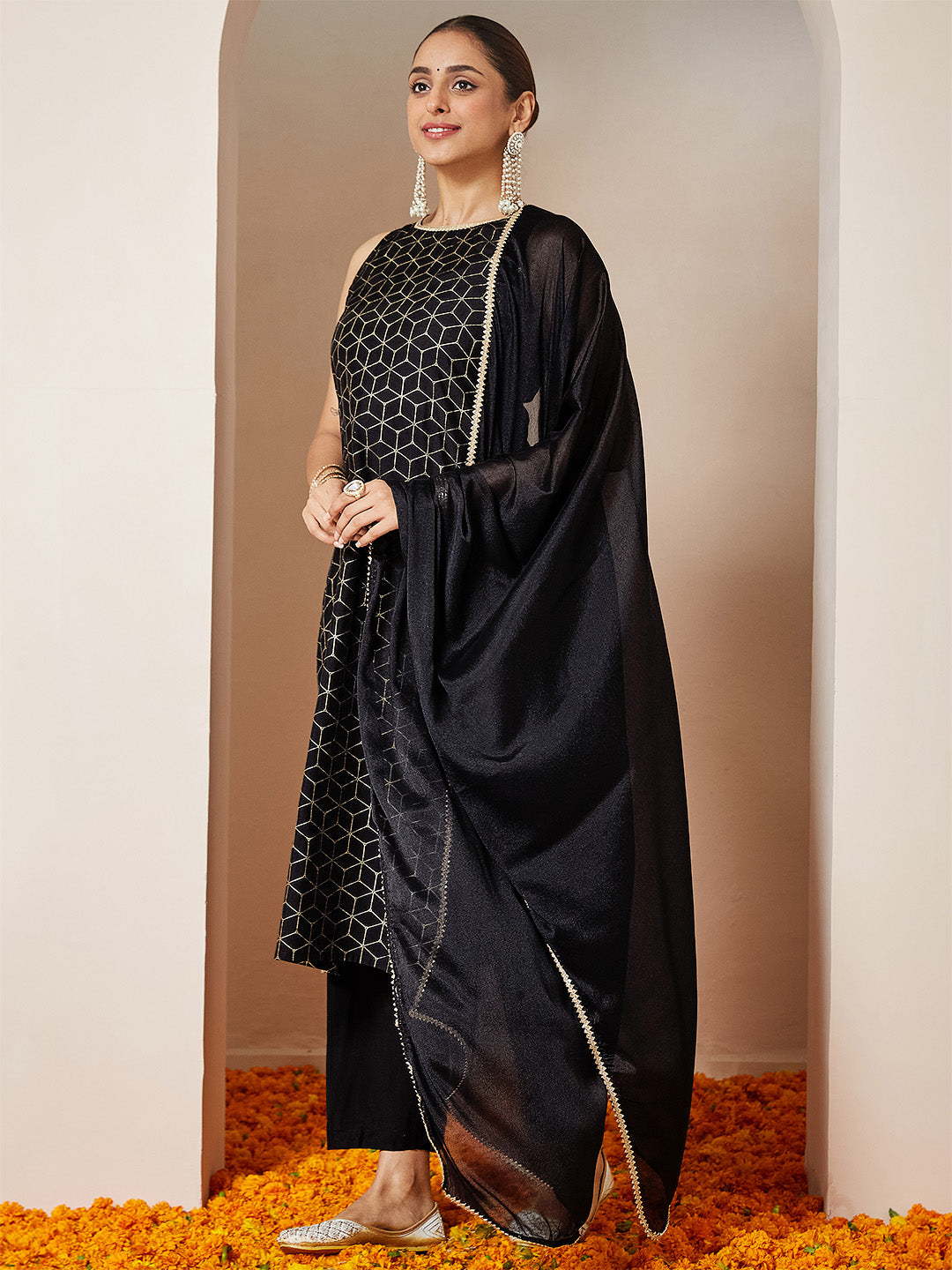 Ninnique Women's Black Chanderi Silk Embellished Gold Printed Straight Kurta Set