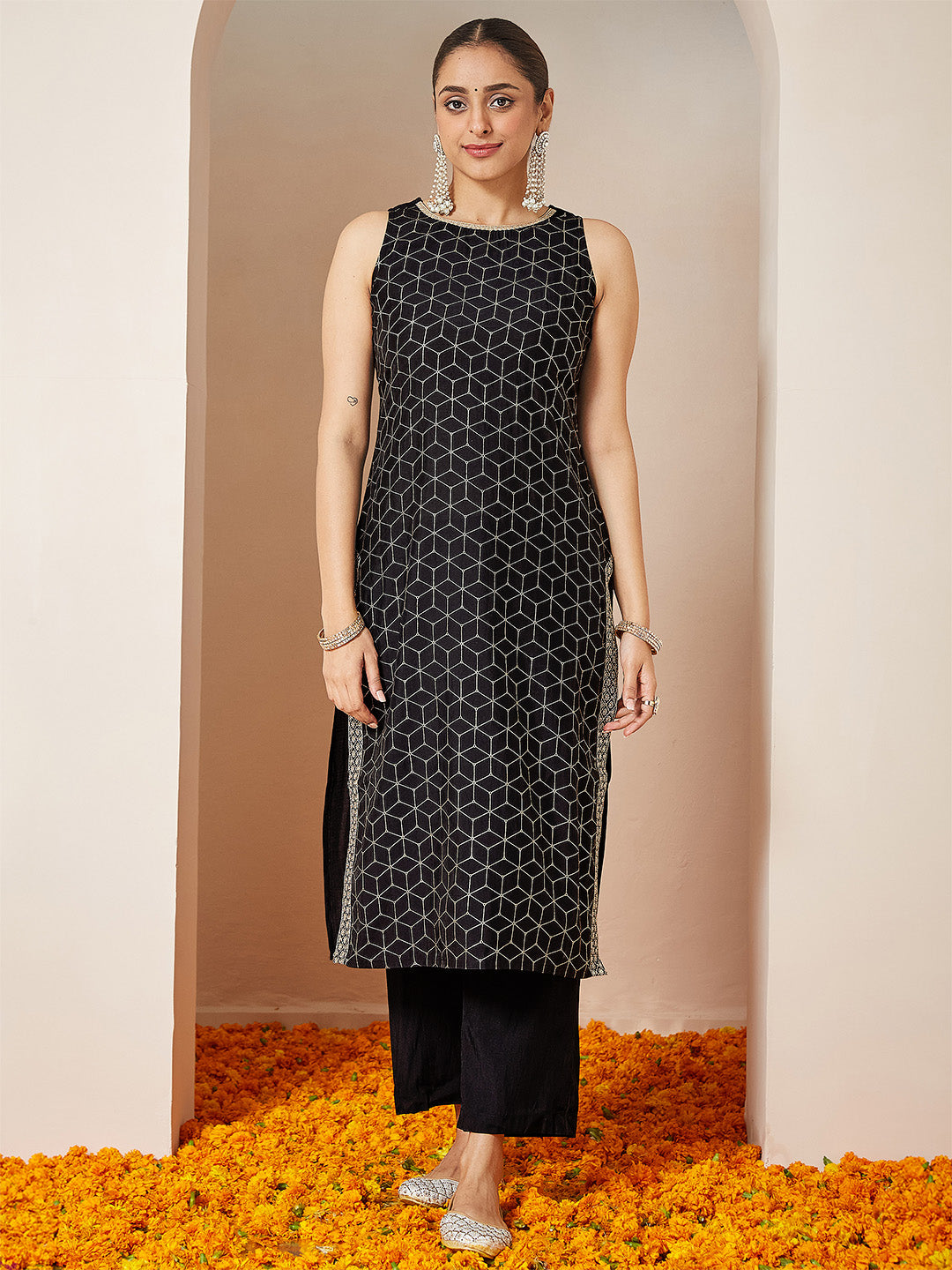 Ninnique Women's Black Chanderi Silk Embellished Gold Printed Straight Kurta Set