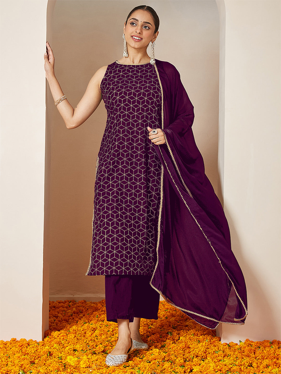 Ninnique Women's Purple Chanderi Silk Embellished Gold Printed Straight Kurta Set