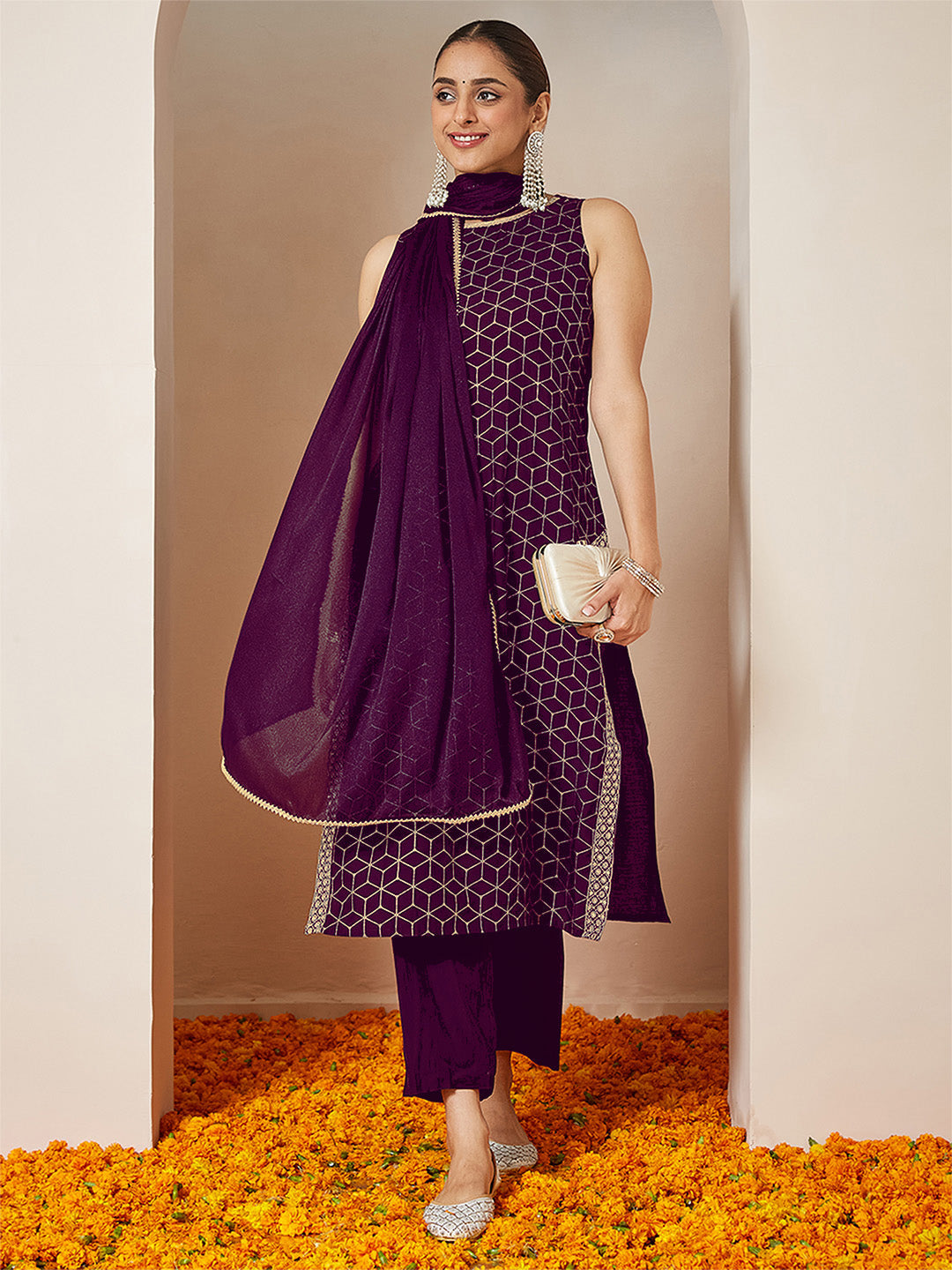 Ninnique Women's Purple Chanderi Silk Embellished Gold Printed Straight Kurta Set