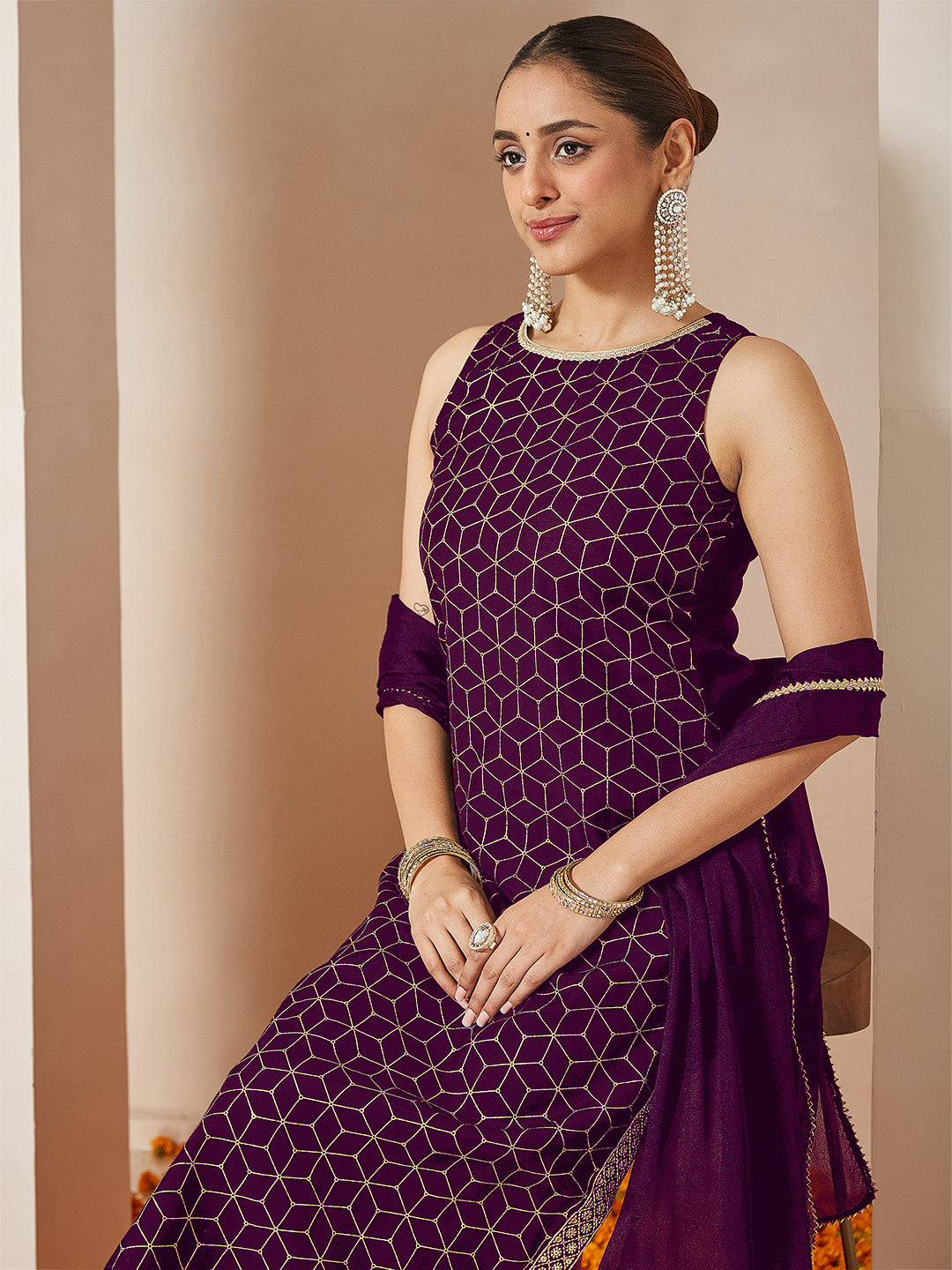 Ninnique Women's Purple Chanderi Silk Embellished Gold Printed Straight Kurta Set