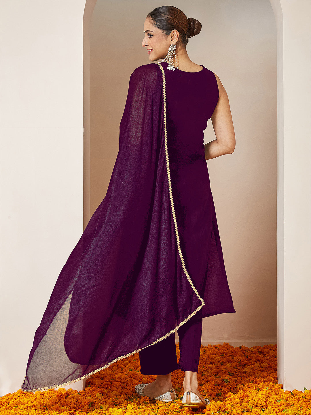 Ninnique Women's Purple Chanderi Silk Embellished Gold Printed Straight Kurta Set