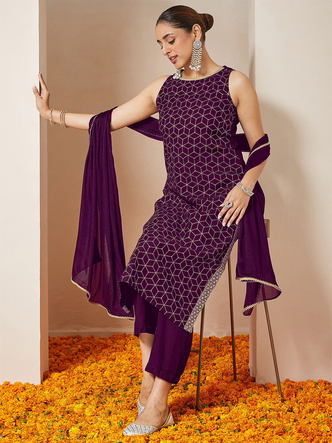 Ninnique Women's Purple Chanderi Silk Embellished Gold Printed Straight Kurta Set