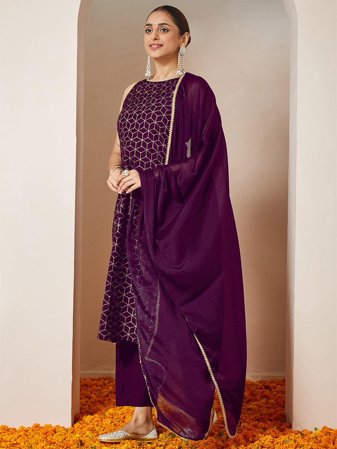 Ninnique Women's Purple Chanderi Silk Embellished Gold Printed Straight Kurta Set