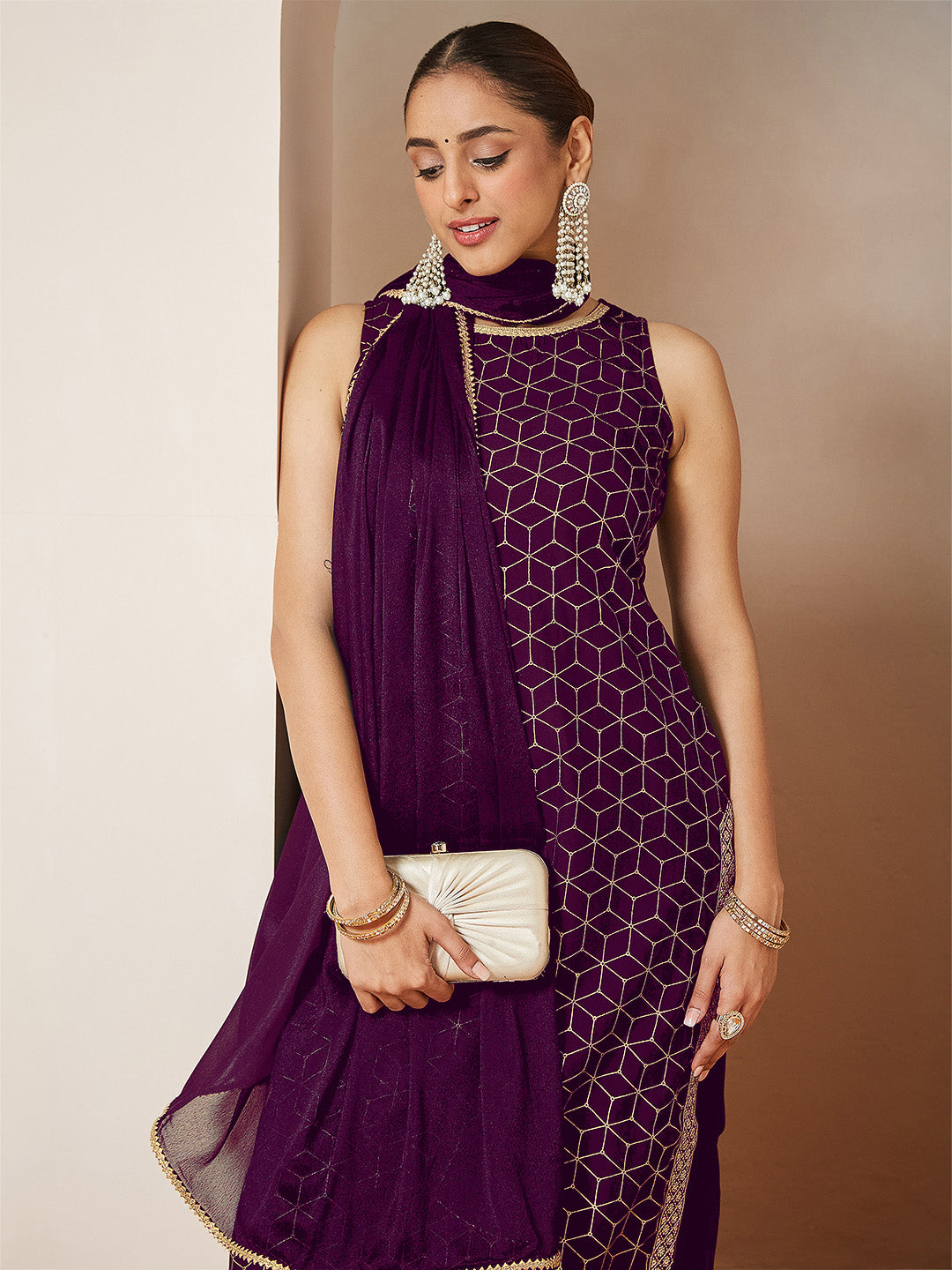 Ninnique Women's Purple Chanderi Silk Embellished Gold Printed Straight Kurta Set