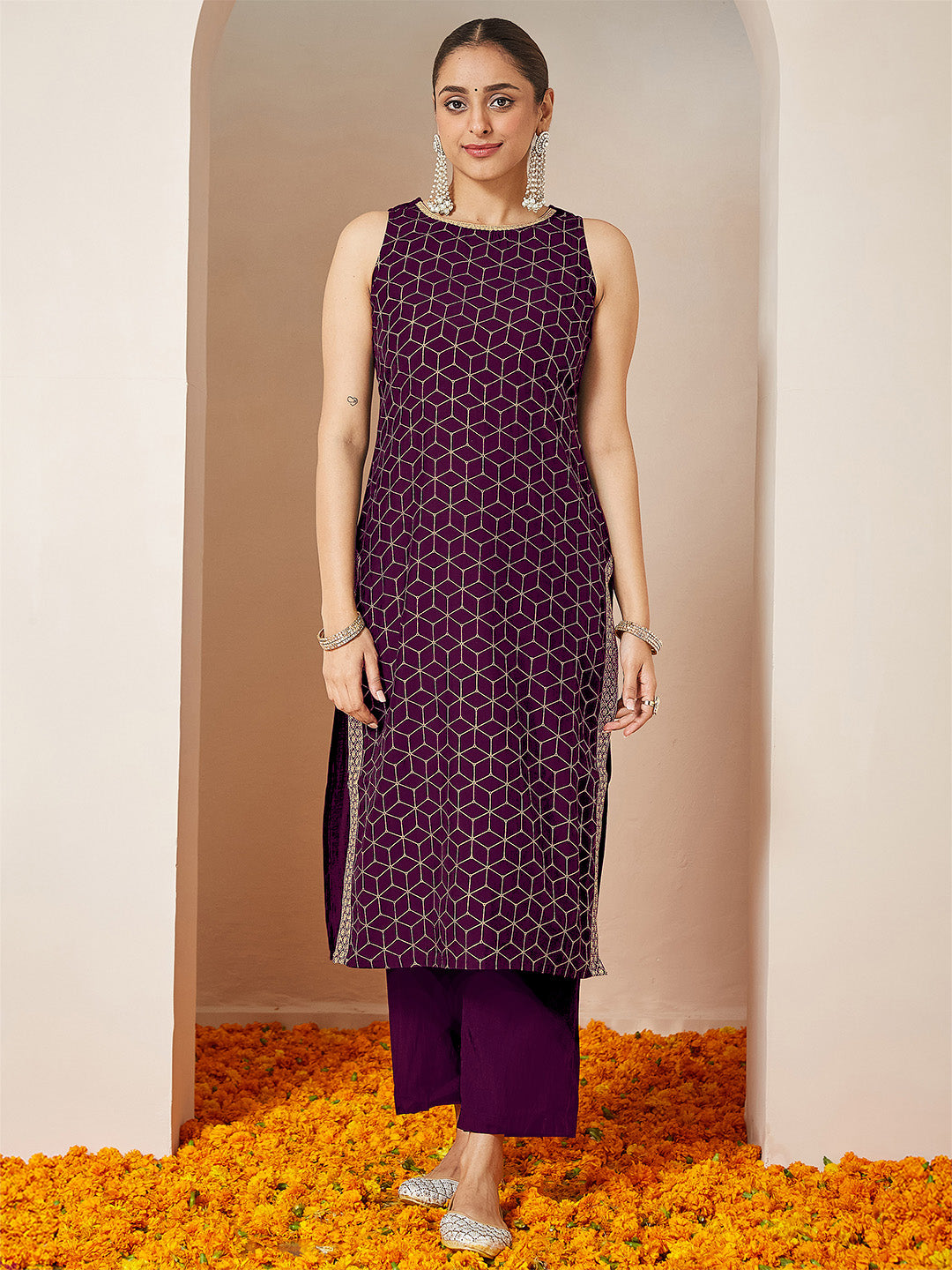 Ninnique Women's Purple Chanderi Silk Embellished Gold Printed Straight Kurta Set
