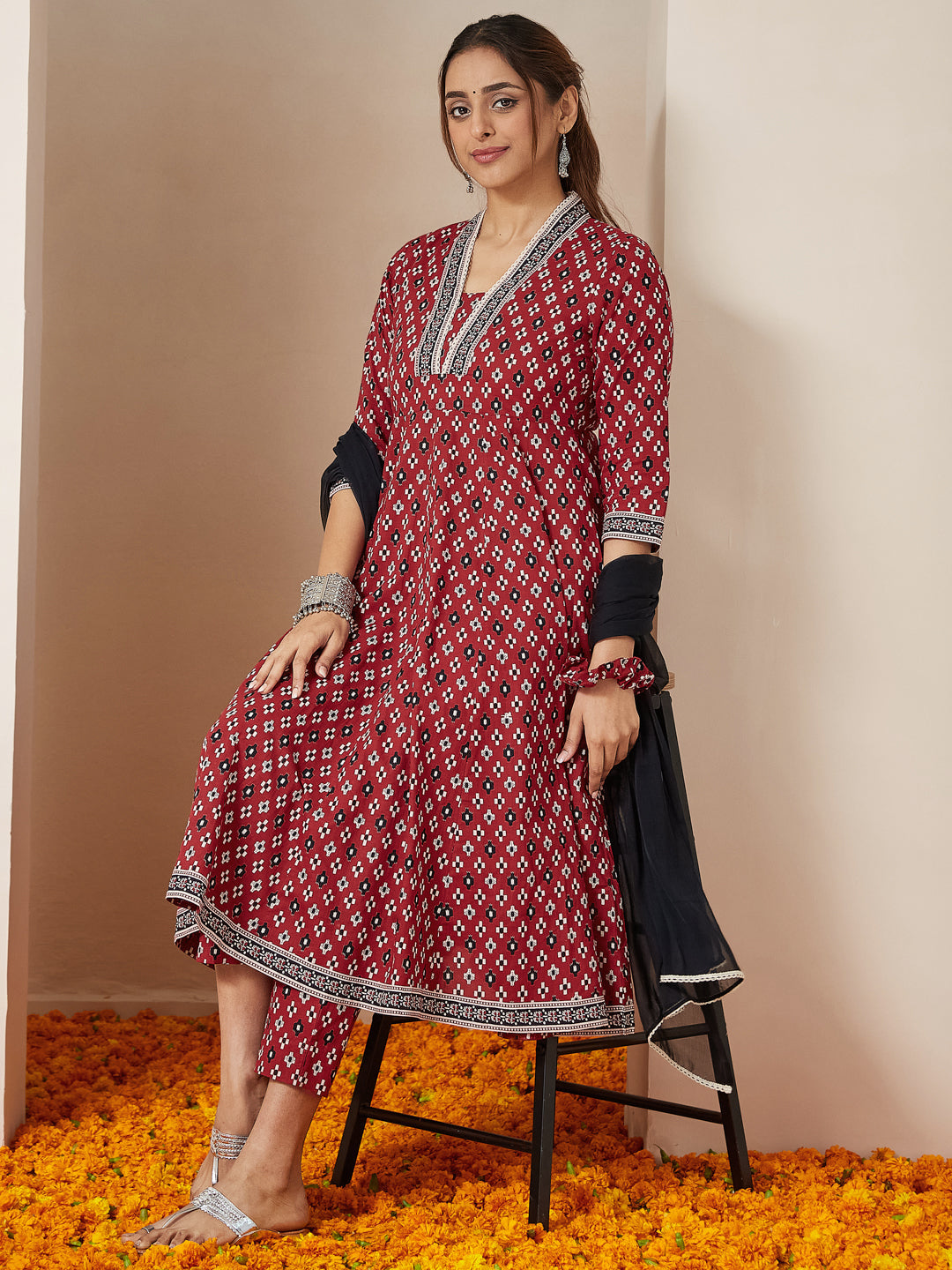Ninnique Women's Maroon Pure Cotton Ikkat Printed Anarkali Kurta Set