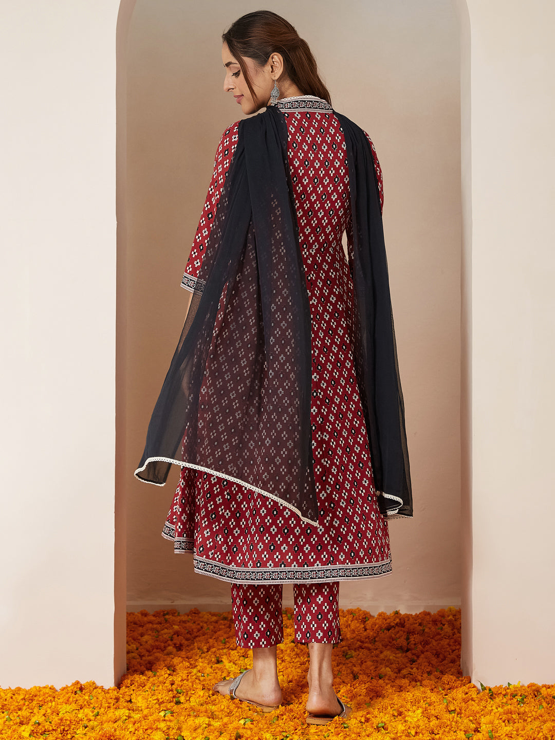 Ninnique Women's Maroon Pure Cotton Ikkat Printed Anarkali Kurta Set