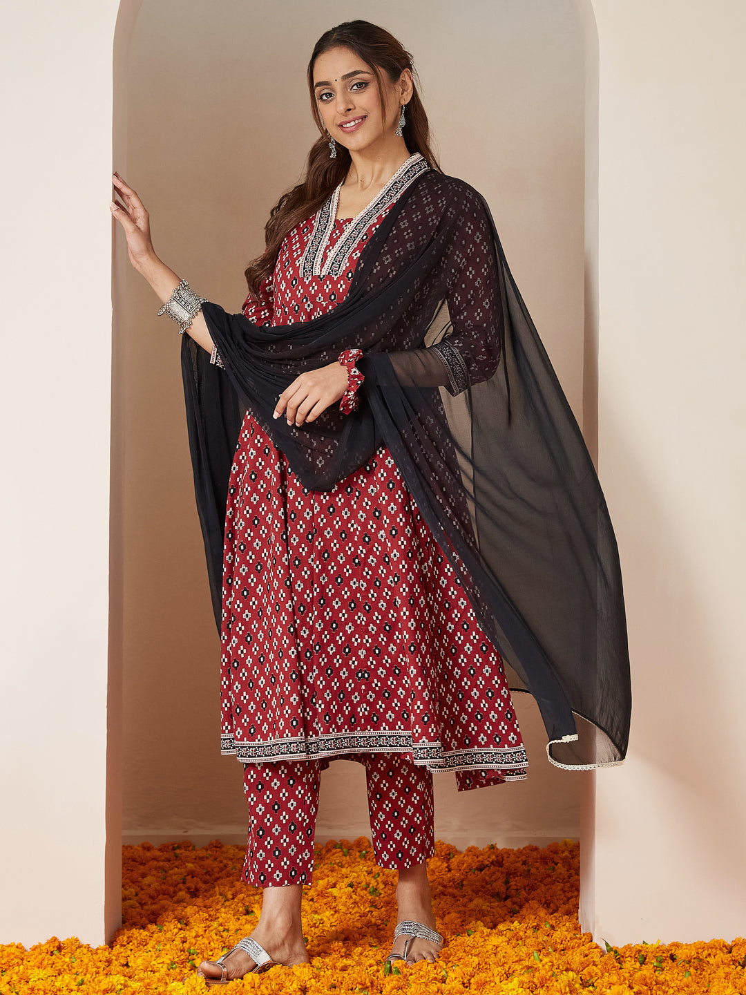 Ninnique Women's Maroon Pure Cotton Ikkat Printed Anarkali Kurta Set